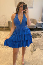 Load image into Gallery viewer, Bling A Line Halter Neck Blue Short Homecoming Dress with Beading
