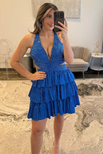 Load image into Gallery viewer, Bling A Line Halter Neck Blue Short Homecoming Dress with Beading
