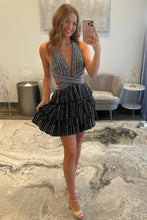 Load image into Gallery viewer, Bling A Line Halter Neck Blue Short Homecoming Dress with Beading
