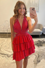 Load image into Gallery viewer, Bling A Line Halter Neck Blue Short Homecoming Dress with Beading
