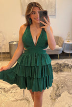 Load image into Gallery viewer, Bling A Line Halter Neck Blue Short Homecoming Dress with Beading
