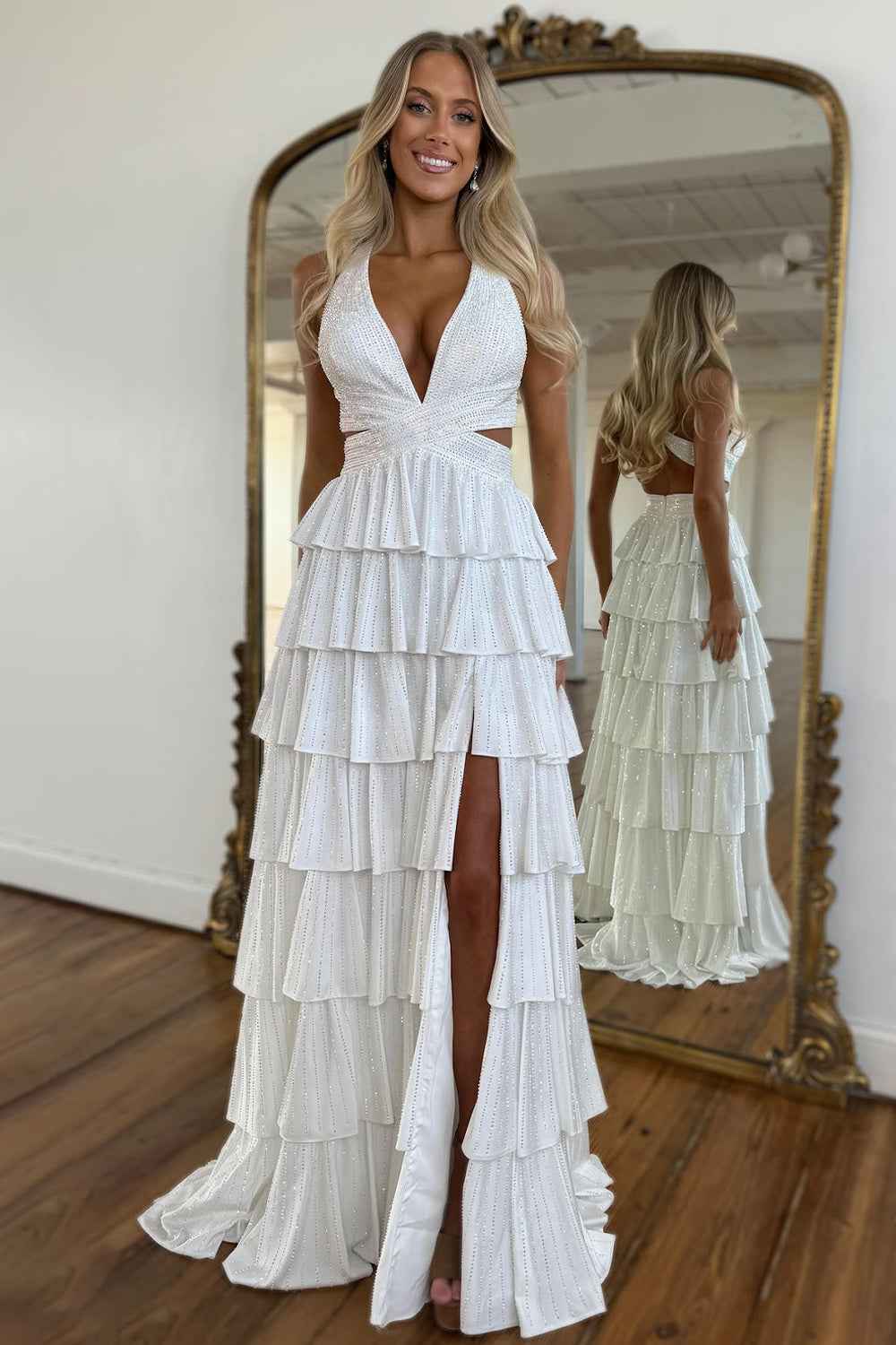 Luuvis Women Luxurious Sparkly Mermaid Halter Long Tiered Beaded Prom Dress  with High Slit
