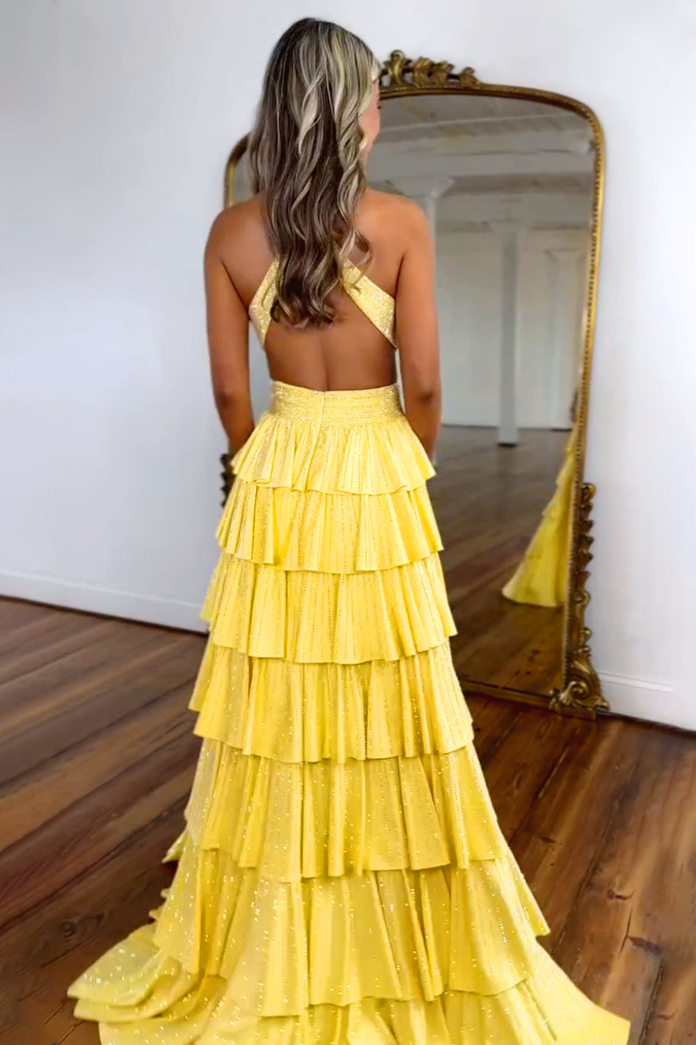 Luuvis Women Luxurious Sparkly Mermaid Halter Long Tiered Beaded Prom Dress with High Slit Luuvis Women Luxurious Sparkly Mermaid Halter Long Tiered Beaded Prom Dress with High Slit