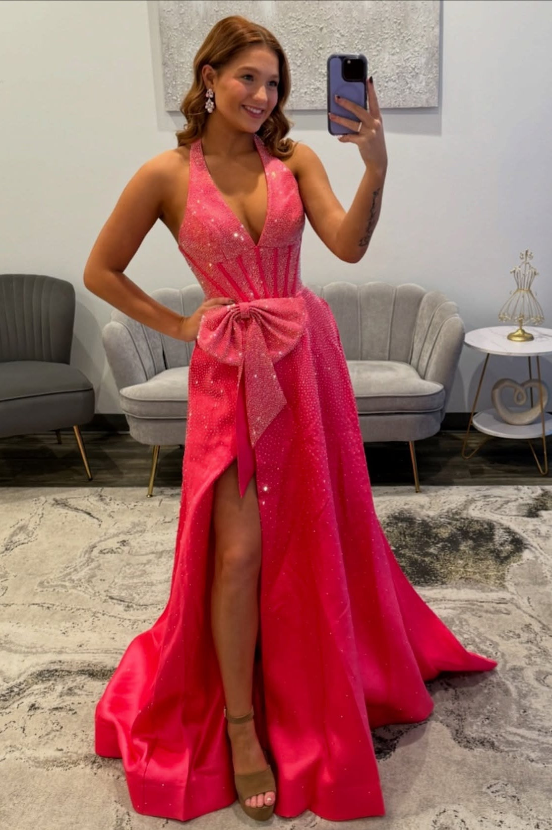 Shine A Line Halter Neck Candy Pink Long Prom Dress with Beading