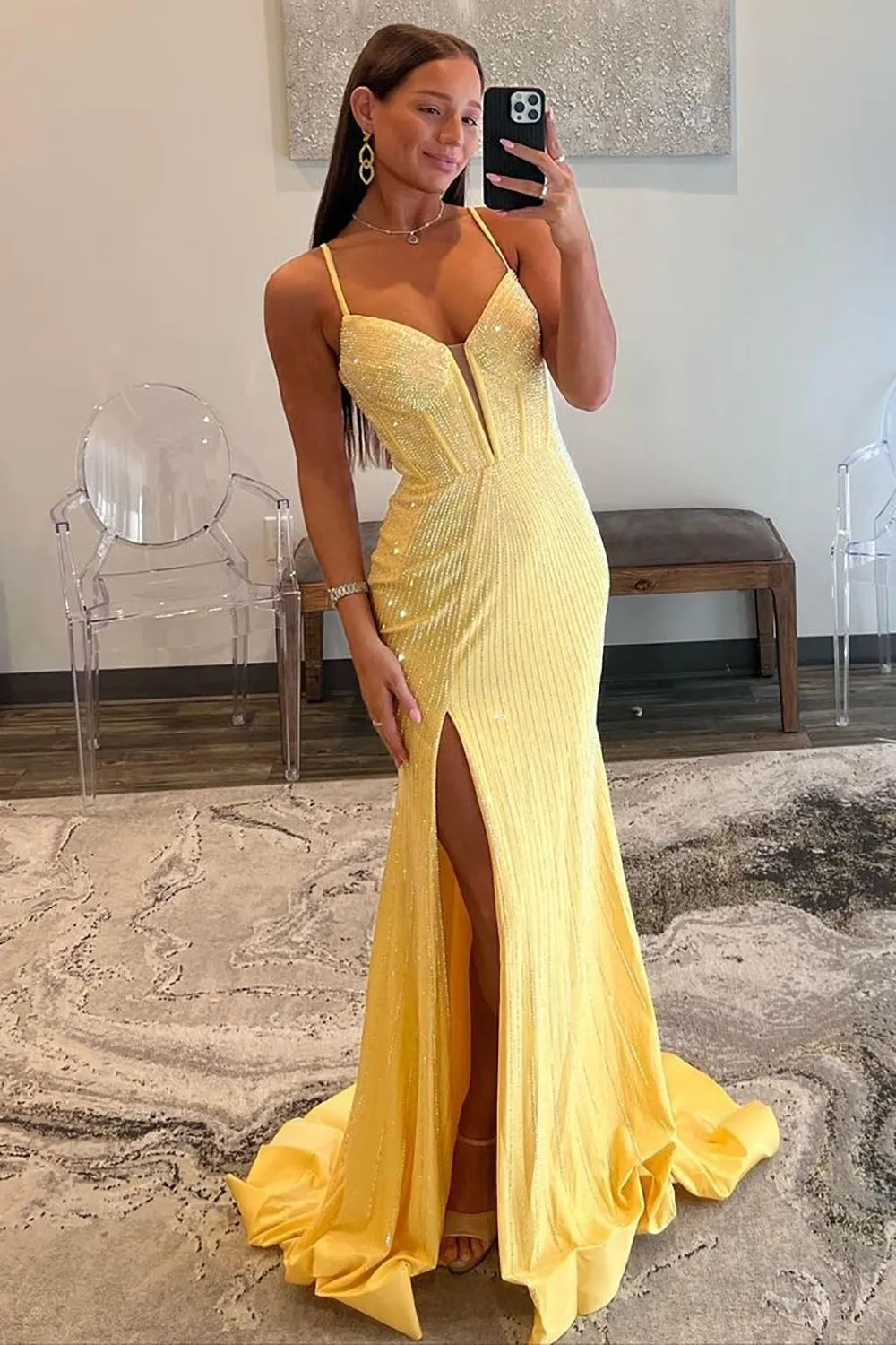 Luuvis Gorgeous Red Spaghetti Straps Mermaid Long Beaded Prom Dress