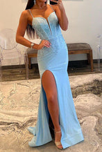 Load image into Gallery viewer, Glitter Light Blue Mermaid Lace Up Long Prom Dress With Slit And Beading
