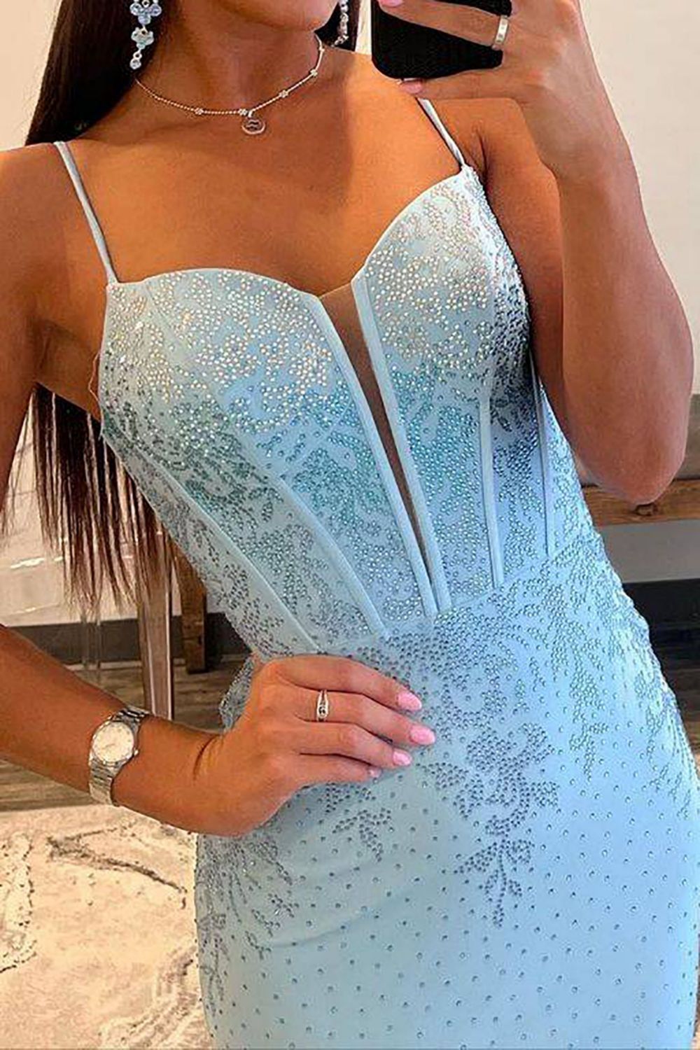 Luuvis Glitter Light Blue Mermaid Lace Up Long Prom Dress With Slit And Beading Luuvis Glitter Light Blue Mermaid Lace Up Long Prom Dress With Slit And Beading