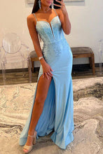 Load image into Gallery viewer, Glitter Light Blue Mermaid Lace Up Long Prom Dress With Slit And Beading

