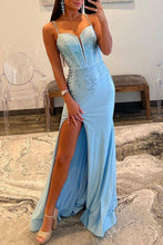 Load image into Gallery viewer, Glitter Light Blue Mermaid Lace Up Long Prom Dress With Slit And Beading