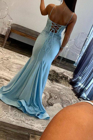 Glitter Light Blue Mermaid Lace Up Long Prom Dress With Slit And Beading