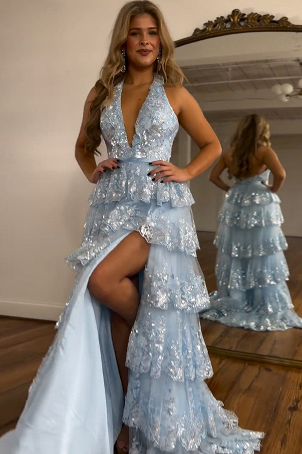 Luuvis Sparkly Light Blue A-Line Halter Backless Long Tiered Prom Dress