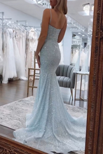 Load image into Gallery viewer, Shiny Light Blue Mermaid Spaghetti Straps Long Beaded Prom Dress