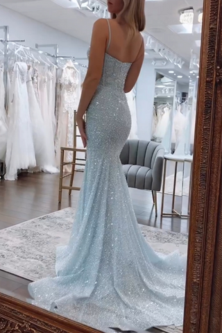 Shiny Light Blue Mermaid Spaghetti Straps Long Beaded Prom Dress