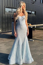 Load image into Gallery viewer, Shiny Light Blue Mermaid Spaghetti Straps Long Beaded Prom Dress
