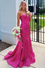 Load image into Gallery viewer, Shiny Light Blue Mermaid Spaghetti Straps Long Beaded Prom Dress
