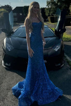Load image into Gallery viewer, Shiny Light Blue Mermaid Spaghetti Straps Long Beaded Prom Dress
