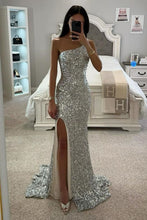 Load image into Gallery viewer, Silver Mermaid One Shoulder Long Glitter Sequin Prom Dress With Slit