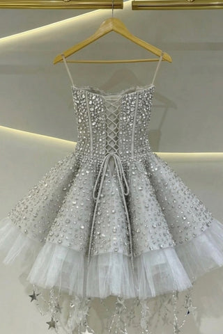 Silver Rhinestone A-Line Corset Homecoming Dress with Tulle Hem Mini Skirt
