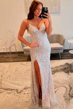 Load image into Gallery viewer, Sparkly Mermaid Spaghetti Straps Silver Sequins Long Prom Dress with Criss Cross Back