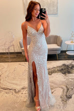 Load image into Gallery viewer, Sparkly Mermaid Spaghetti Straps Silver Sequins Long Prom Dress with Criss Cross Back