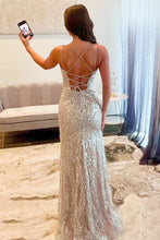 Load image into Gallery viewer, Sparkly Mermaid Spaghetti Straps Silver Sequins Long Prom Dress with Criss Cross Back