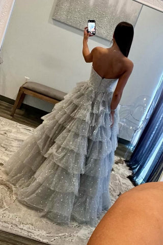 Gorgeous A Line Sweetheart Silver Long Prom Dress with Pearls Ruffles