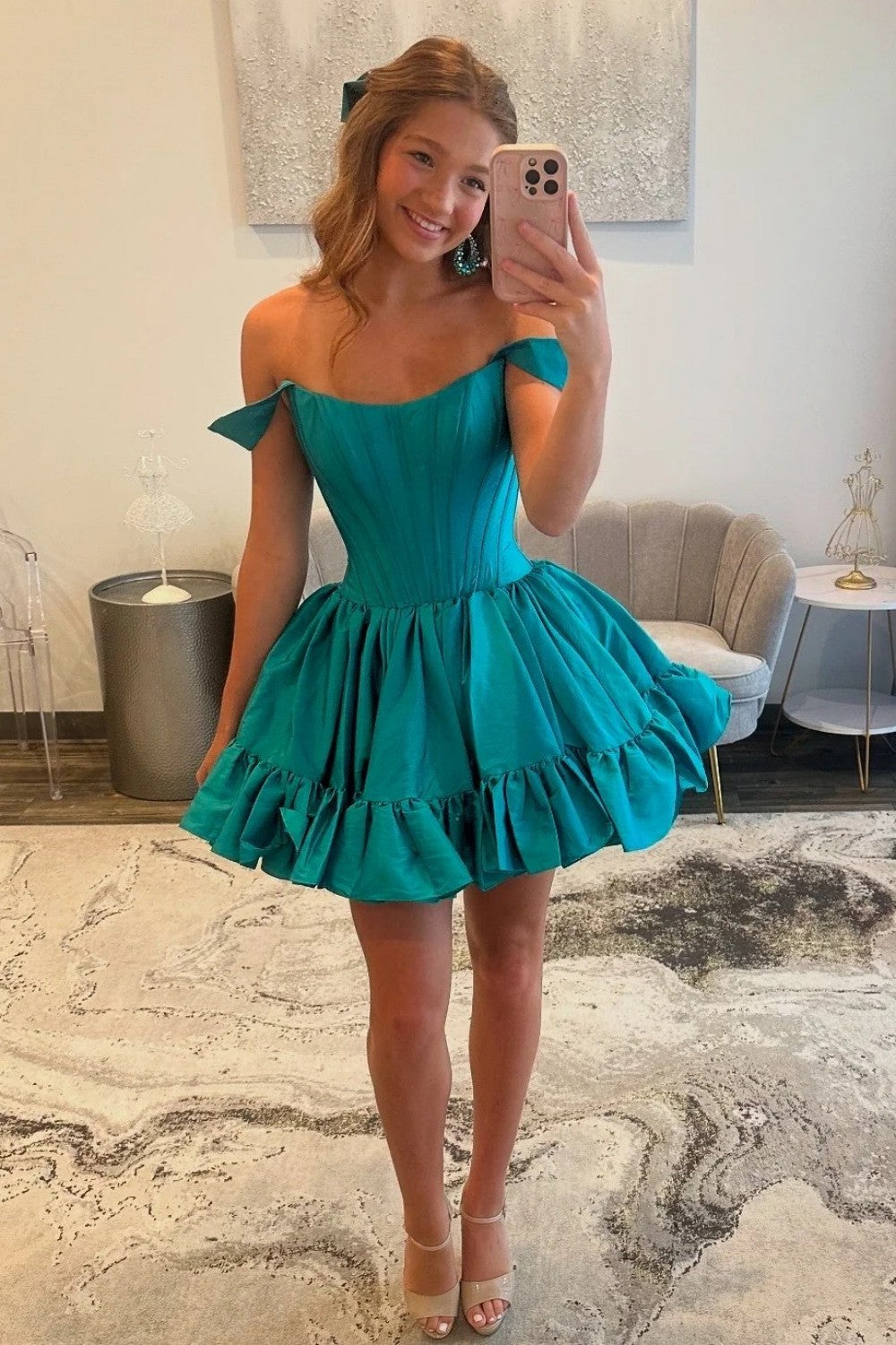 Luuvis Women Green Corset Homecoming Dress Sweety A Line Off the Shoulder Cocktail Dress with Ruched