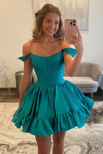 Load image into Gallery viewer, Sweety A Line Off the Shoulder Green Corset Homecoming Dress with Ruched
