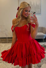 Load image into Gallery viewer, Sweety A Line Off the Shoulder Green Corset Homecoming Dress with Ruched
