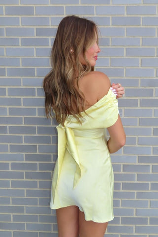 Simple A Line Off the Shoulder Light Yellow Short Homecoming Dress