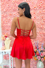 Load image into Gallery viewer, Simple A Line Spaghetti Straps Red Short Homecoming Dress with Criss Cross Back
