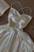 Load image into Gallery viewer, Simple A Line Spaghetti Straps White Satin Short Homecoming Dress with Criss Cross Back
