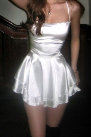 Simple A Line Spaghetti Straps White Satin Short Homecoming Dress with Criss Cross Back