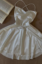 Load image into Gallery viewer, Simple A Line Spaghetti Straps White Satin Short Homecoming Dress with Criss Cross Back
