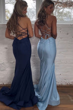 Load image into Gallery viewer, Pretty Mermaid Spaghetti Straps Lace Up Back Long Satin Prom Dress