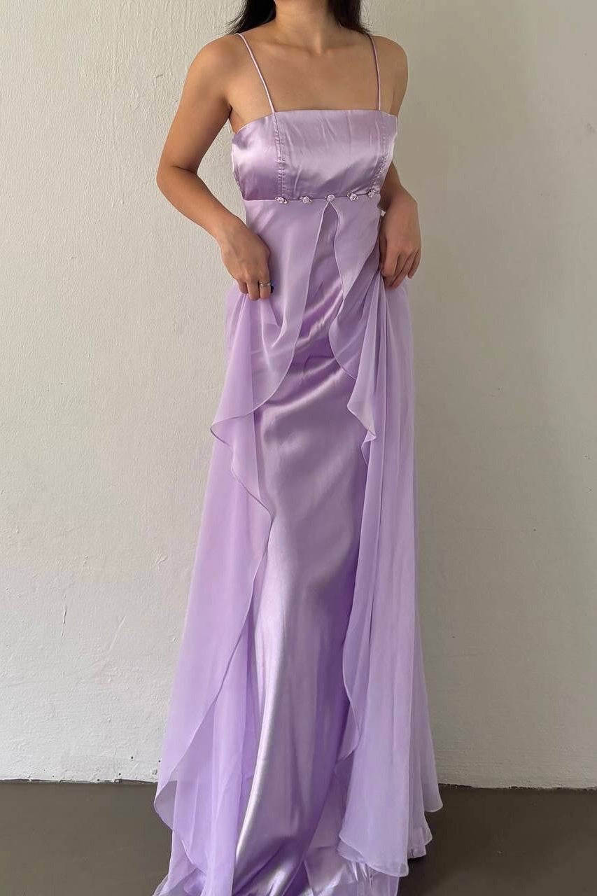 Simple Mermaid Spaghetti Straps Lilac Long Prom Dress with Ruffles