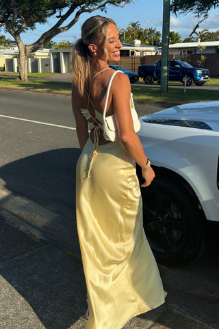 Simple Mermaid Spaghetti Straps Yellow Long Prom Dress with Criss Cross Back