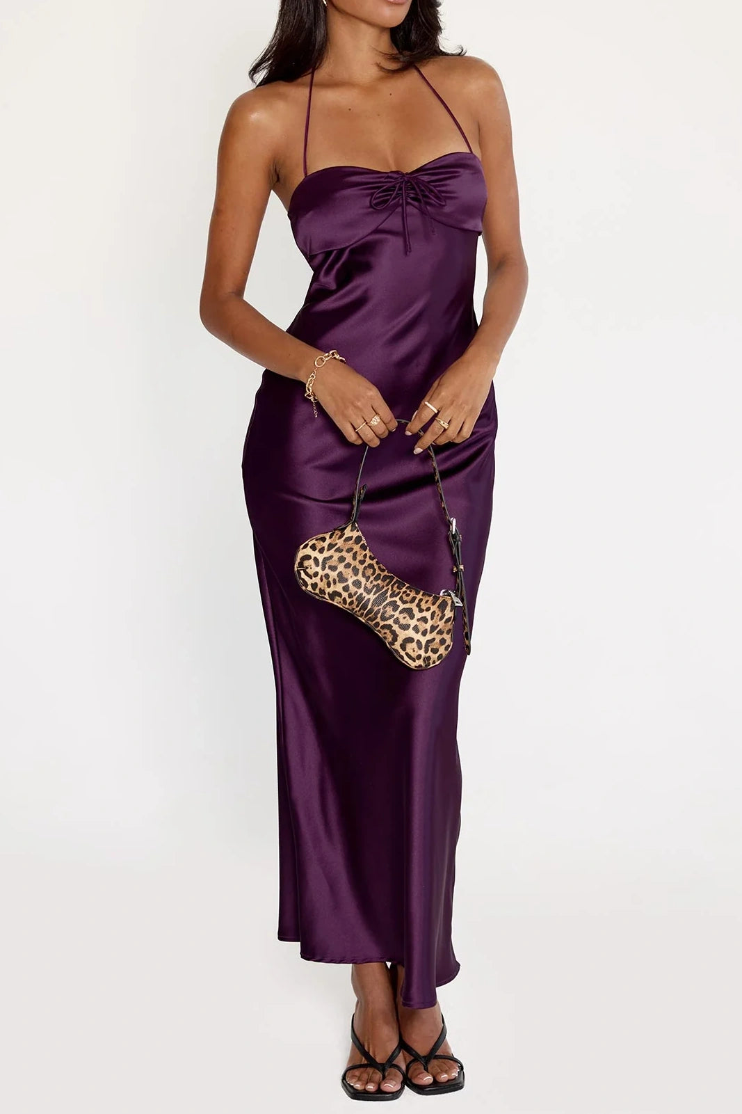 Simple Sheath Halter Neck Purple Tea Length Party Dress