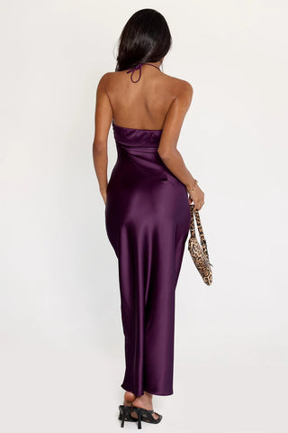 Simple Sheath Halter Neck Purple Tea Length Party Dress