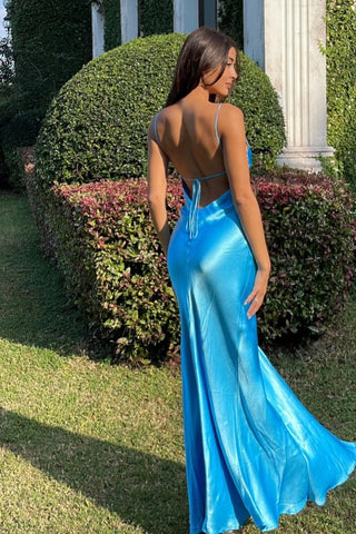 Simple Sheath Spaghetti Straps Blue Satin Long Prom Dress with Backless