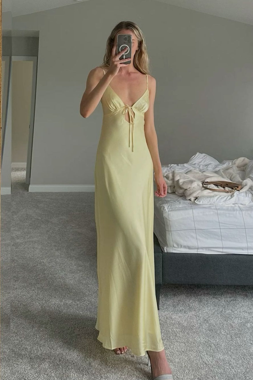 Simple Sheath Spaghetti Straps Light Yellow Long Prom Dress with Keyhole