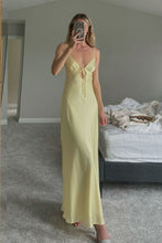 Load image into Gallery viewer, Simple Sheath Spaghetti Straps Light Yellow Long Prom Dress with Keyhole
