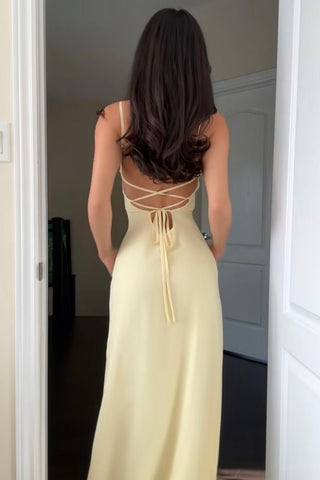Simple Sheath Spaghetti Straps Light Yellow Long Prom Dress with Keyhole