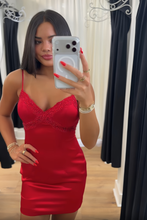 Load image into Gallery viewer, Simple Sheath Spaghetti Straps Red Short Homecoming Dress with Beading