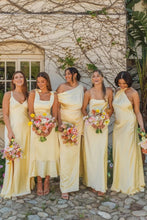 Load image into Gallery viewer, Simple Sheath Spaghetti Straps Yellow Long Prom Dress with Criss Cross Back