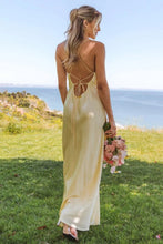 Load image into Gallery viewer, Simple Sheath Spaghetti Straps Yellow Long Prom Dress with Criss Cross Back