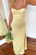 Load image into Gallery viewer, Simple Sheath Spaghetti Straps Yellow Long Prom Dress with Split Front
