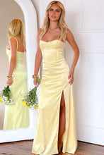 Load image into Gallery viewer, Simple Sheath Spaghetti Straps Yellow Long Prom Dress with Split Front