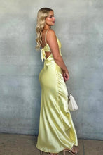 Load image into Gallery viewer, Simple Sheath Spaghetti Straps Yellow Satin Long Prom Dress with Keyhole
