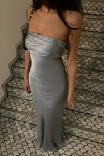 Load image into Gallery viewer, Simple Sheath Strapless Grey Satin Long Prom Dress with Ruched
